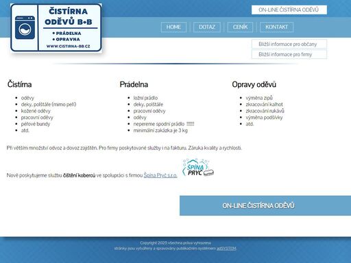 čistírna, opravy oděvů a čistírna bb ústí nad labem pro občany i firmy. prostřednictvím on-line formuláře na webu si objednejte odvoz vašeho oblečení k vyčistění do naší čistírny