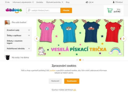 kovové hrnky a termosky s gravírování, kreativní sady pro děti, veselá pískací trička, štítky a nažehlovací obrázky.