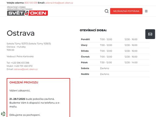pobočka společnosti svět oken ostrava nabízí do konce měsíce se slevou plastová okna, plastové dveře, hliníková okna, hliníkové dveře, garážová vrata, balkóny a lodžie a stínící techniku.