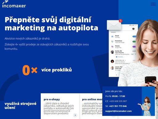 incomaker je integrované řešení pro automatizaci marketingu a prodeje. sbírá data z vašeho webu či e-shopu a automaticky vytváří personalizované produktové nabídky, které posílá emailem, vkládá do sociálních sítí nebo ukazuje ve vašem e-shopu. nahraďte lidskou práci umělou inteligencí. email marketing. začněte zdarma!