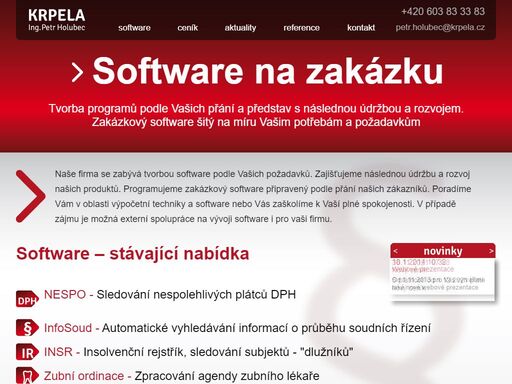 krpela - petr holubec, software, nespolehlivý plátce dph, insolvenční rejstřík, infosoud, webové stránky, parallaxový web, monitoring účtů