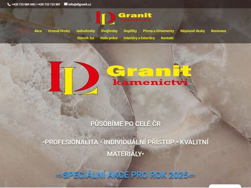 •profesionalita • individuální přístup • kvalitní materiály•
jsme kamenictví se specializací na výrobu náhrobních kamenů, včetně renovací původních dílů starých pomníků, betonování základů, broušení teraca, rekonstrukcí hrobek, obnovu písma a služeb souvisejících s hřbitovní architekturou.