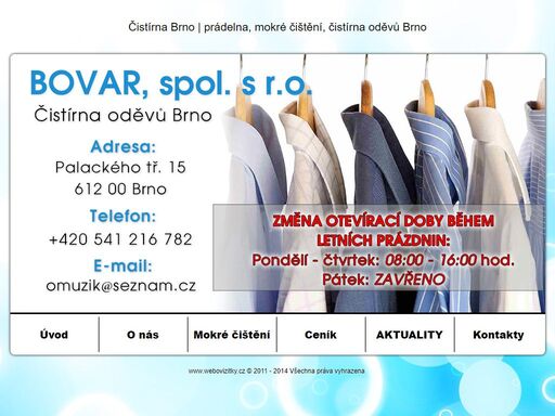 čistírna brno - prádelna, čistírna oděvů z brna nabízí čištění společenský oděvů, pracovních oděvů, péřových výrobků, materiálu z kůže, ložního prádla, atd. provádíme opravy látkových oděvů, kožených oděvů, péřových oděvů i ložního prádla. používáme také speciální metodu mokré čištění.