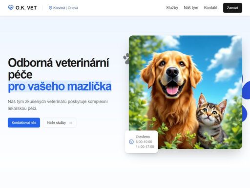 veterinární klinika o.k. vet karviná nabízí komplexní veterinární péči pro vaše mazlíčky včetně pohotovosti 5-22h. moderní vybavení, zkušený tým a ordinační hodiny po-pá 8-10h a 14-17h, so-ne 9-11h.