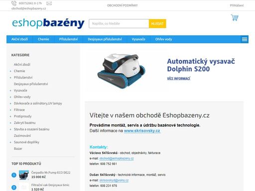 vítejte v našem obchodě eshopbazeny.cz. provádíme montáž, servis a údržbu bazénové technologie.další informace na www.skrisovsky.cz kontakty:václava skříšovská - obchod, objednávky, fakturacee-mail: obchod@eshopbazeny.cztelefon: 608 752 661dušan skříšovský - technické informace, montáž, servise-mail: skrisovskyd@volny…