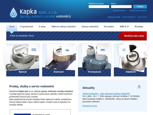 společnost kapka spol. s r.o. zajišťuje servis a prodej vodoměrů. nabízíme bytové a domovní vodoměry a měřiče tepla. zajišťujeme prodej náhradních dílů na dobírku.