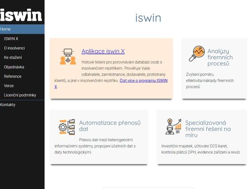 
                            iswin slouží k procházení a prohledávání insolvenčního rejstříku. celý insolvenční rejstřík, včetně historie, jako lokální databáze. s možností stažení obsahu dokumentů. automatické aktualizace dat. rychlé vyhledávání, filtrace. porovnávání s dlužníky v insolvenčním rejstříku i při neúplných údajích. vlastní evidence zájmových osob. vlastní evidence dokumentů. automatické výstrahy.
                            
              