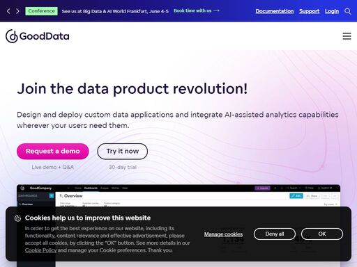 gooddata is a data application platform for creating custom data products and integrating ai-assisted analytics capabilities wherever users need them.