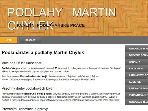 podlahy a podlahářství martin chýlek - dřevěné a laminátové podlahy, parkety, pvc, koberce, korkové podlahy a renovace podlah - frýdek-místek, frýdlant nad ostravicí, ostrava, frenštát pod radhoštěm, rožnov pod radhoštěm, moravskoslezský kraj