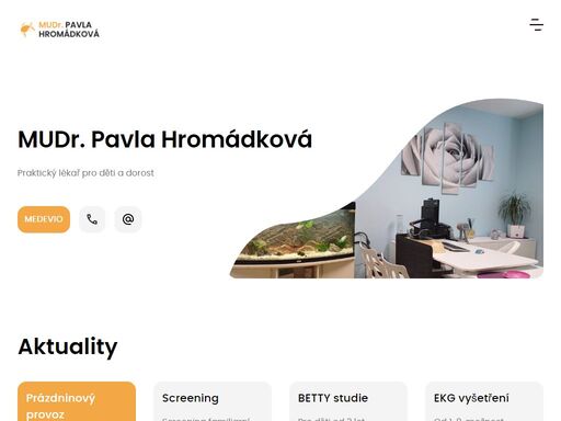 ordinace praktického dětského lékaře nabízí komplexní péči pro dětí do 18 let, kurativní i preventivní. v rámci screeningu možnost vyšetření očních vad přístrojem plusoptix. možnost odběru protilátek k určení predikce diabetu i. stupně. metody rychlé laboratorní diagnostiky: crp, streptest, močový analyzátor, protilátky na celiakii, lipidové spektrum k záchytu familiární hypercholesterolemie. nastřelujeme naušnice.
