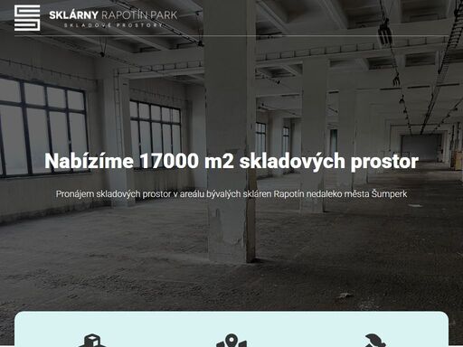 nabízíme pronájem až 17000 m2 skladových prostor. areál skláren se nachází na okraji obce rapotín směrem na jeseník u okresního města šumperk.