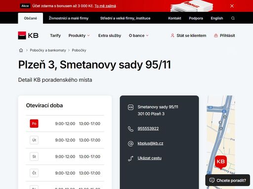 seznam a vyhledávání poboček a bankomatů komerční banky.