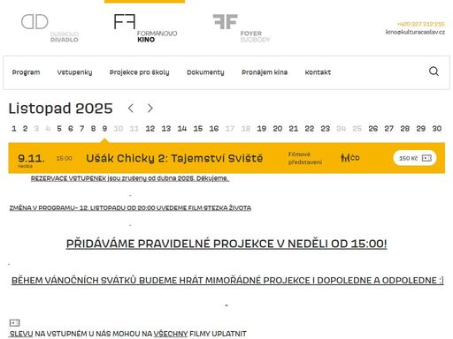 program kina miloše formana v čáslavi, vstupenky, předprodej a další informace