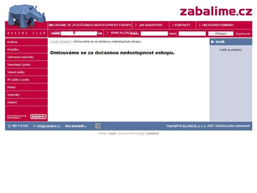 vážení zákaznící, 
pracujeme na kompletní modernizaci našeho eshopu. z tohoto důvodu je dočasně nedostupný.
omlouváme se za případné komplikace.
hezký den
tým zabalime.cz