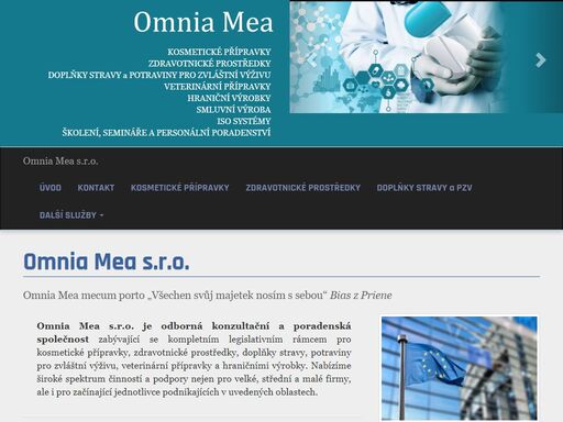 omnia mea s.r.o. je odborná konzultační a poradenská společnost zabývající se legislativním rámcem pro kosmetické přípravky, doplňky stravy, potraviny pro zvláštní výživu, veterinární přípravky a hraniční výrobky. 