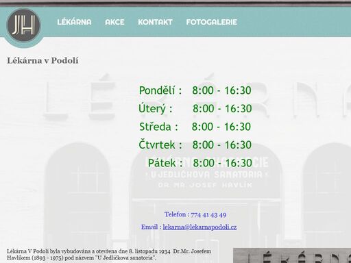 lékárna v podolí tu pro vás je otevřena již od roku 1934. poskytujeme veškeré služby v oblasti lékárnictví.