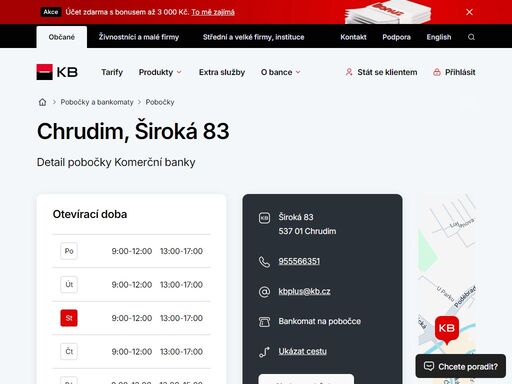 seznam a vyhledávání poboček a bankomatů komerční banky.