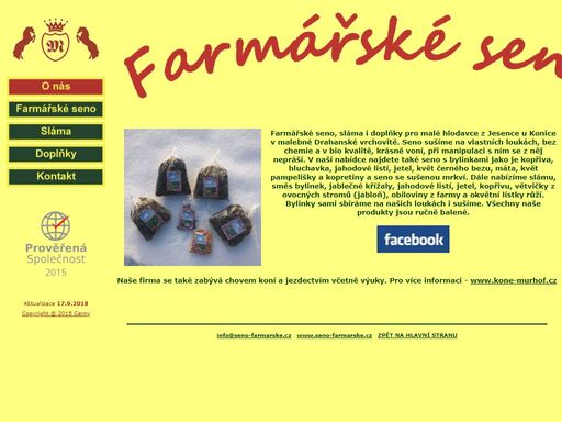 farmářské seno, sláma i doplňky 
pro malé hlodavce z jesence u konice v malebné drahanské vrchovitě. 
seno sušíme na vlastních loukách, bez chemie a v bio kvalitě, krásně voní, 
při manipulaci s ním se z něj nepráší. nabízíme také seno s bylinkami 
(kopřiva, hluchavka, jahodové listí, květ černého bezu, máta, květ pampelišky a kopretiny), 
seno se sušenou mrkví, slámu, směs bylinek, jetel, jablečné křížaly a větvičky z ovocných stromů (jabloň). 
bylinky sami sbíráme na našich loukách i sušíme. všechny naše produkty jsou ručně balené.