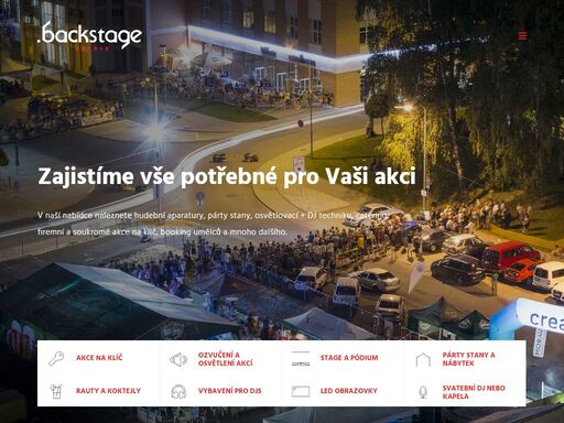 pronájem hudební aparatury, párty stany, osvětlovací + dj technika, realizace cateringu, firemní a soukromé akce na klíč, booking umělců a mnoho dalšího.