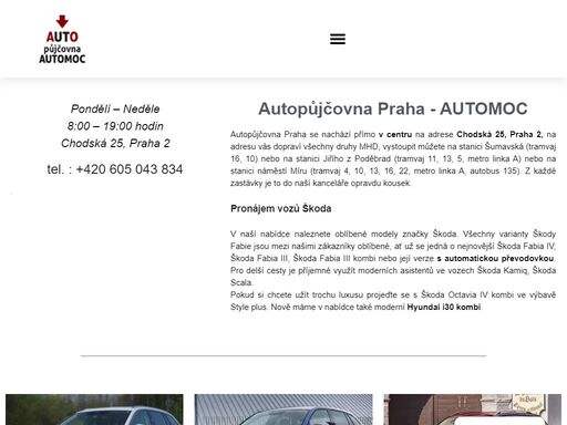 autopůjčovna praha - automoc v naší autopůjčovně vás cena nezklame naší konkurenční výhodou je nízká cena pronájmu automobilů. patříme k nejlevnějším autopůjčovnám v praze. tento zákaznický bonus si můžeme dovolit díky dlouhodobému působení na trhu, finanční stabilitě firmy a minimalizací personálních nákladů. u nás nejsou zahrnuty v ceně pronájmu drahé nájmy kanceláří, sekretářek, předávacích techniků či parkovacích