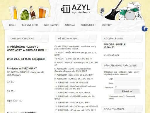 pivní bar azyl se specializuje na piva z malých pivovarů ze všech koutů české republiky. čepujeme pivní speciály od klasických výčepních piv až po mnohastupňové, různě ochucené skvosty. 