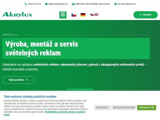 akrylux s.r.o., výroba světelných a nesvětelných reklam v benátkách nad jizerou, praze a celé čr. zajistíme vše – od návrhu přes montáž až k čištění.