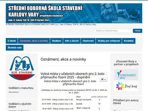 soš stavební karlovy vary nabízí studium maturitních a učebních oborů, ubytování pro žáky i veřejnost, stavební a truhlářské práce, pronájmy prostor.
