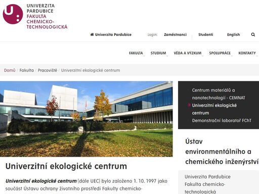 univerzitní ekologické centrum (dále uec) bylo založeno 1. 10. 1997 jako součást ústavu ochrany životního prostředí fakulty chemicko-technologické univerzity pardubice. v současné době je centrum tvořeno dvěma složkami - laboratoří pro experimentální výuku předmětů environmentálního zaměření a počítačovou učebnou. obě jsou zatím využívány studenty fakulty chemicko-technologické a dopravní fakulty jana pernera.