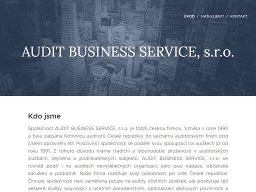 společnost audit business service, s.r.o. je 100% českou firmou. vznikla v roce 1994 a byla zapsána komorou auditorů české republiky do seznamu auditorských firem pod číslem oprávnění 141. pracovníci společnosti se podíleli svou spoluprací na auditech již od roku 1991. z tohoto důvodu máme tradiční a dlouhodobé zkušenosti v auditorských službách,...