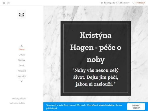 jsem pedikérka, která se specializuje na přístrojovou pedikúru. nabízím tyto služby jak v pohodlí vašeho domova, tak i v salonu. při práci používám nejmodernější přístroje a techniky, abych zajistila dokonalou péči o vaše nohy. můj cíl je poskytnout vám zdravé a krásné nohy, které budete moci s jistotou ukázat.