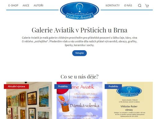 galerie aviatik je malá galerie s klidným prostředím pro přátelské posezení u šálku čaje, kávy, vína či něčeho „ostřejšího“. především však u nás uvidíte díla našich přátel výtvarníků, obrazy, grafiky, šperky, keramiku i sochy.