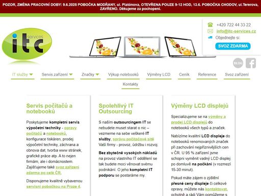 počítače a notebooky opravuje itc services v servisních střediskách na praze 4. svoz zařízení zdarma.  zajišťuje také komplexní it služby a správu počítačových sítí. 