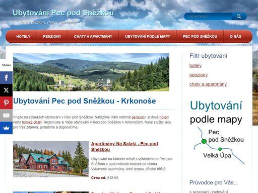 přehledný výběr ubytování pec pod sněžkou. nízké ceny a prověřené ubytování v peci pod sněžkou. z nabídky si můžete vybrat stylové hotely, rodinné penziony nebo horské chaty či apartmány. objevte jedno z nejhezčích středisek v krkonoších.