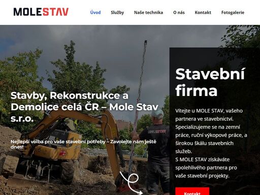 ??stavební firma. vítejte u mole stav, vašeho partnera ve stavebnictví. specializujeme se na zemní práce, ruční výkopové práce, a širokou škálu stavebních služeb. 
s mole stav získáváte spolehlivého partnera pro vaše stavební projekty., mole stav je stavební firma, která se specializuje na zemní výkopové práce, výkopy základů, hloubení jam pro bazény a septiky, přípravy stavebních parcel, výkopy a rekonstrukce domovních přípojek a mnoho dalšího.