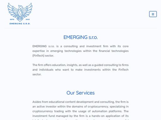 emerging s.r.o. is a consulting and investment firm with its core expertise in emerging technologies within the financial technologies (fintech) sector.