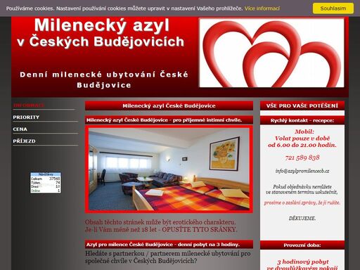 milenecký azyl české budějovice nabízí pro zamilované 3 hodinové denní ubytování v azylu pro milence, v době od 9.00 do 15 hodin, diskrétní uzavřené parkování zdarma.