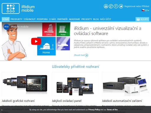 iridium je jedinečný softwarový balík pro vizualizaci a ovládání veškerých automatizačních systémů, audio/video zařízení a media serverů s plnou obousměrnou komunikací, která umožňuje ovládání z libovolného zařízení pomocí libovolného vlastního rozhraní.