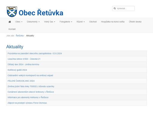 úvodní stránka webu obce řetůvka. obsahuje aktuality, chystané události a zpravodaje ke stažení.