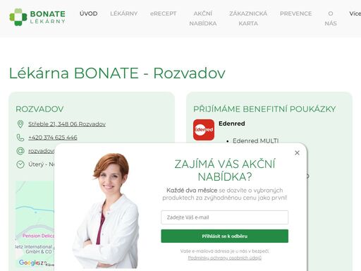 věrnostní systém, odborné poradenství, léky na recept a erecept, prodej homeopatik, kosmetiky, veterinárních přípravků a zdravotnických potřeb.