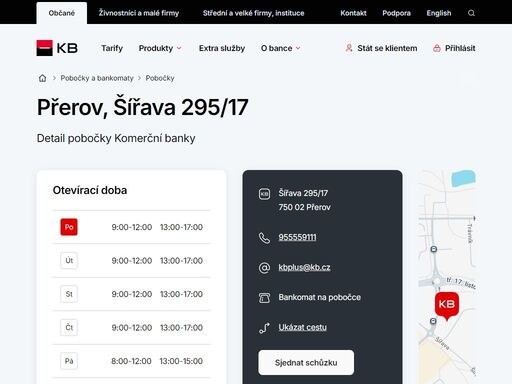 seznam a vyhledávání poboček a bankomatů komerční banky.