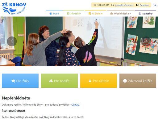pro žáky pro rodiče pro učitele žákovská knížka nepřehlédněte odkaz pro rodiče „těšíme se do školy“- pro budoucí prvňáčky – odkaz jsme certifikovaná škola pro přípravu žáků na mezinárodní cambridge zkoušky z anglického jazyka odkaz zde. jsme škola pro sport a výuku jazyků proto podporujeme žáky ve sportovních aktivitách. učitelé vedou efektivně výuku a poskytují…