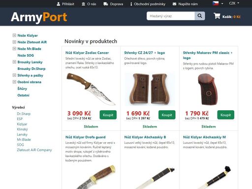 nože kizlyar, noční vidění, puškohledy, střenky na zbraně a další.