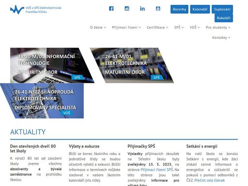 jsme státní vyšší odborná škola a střední průmyslová škola elektrotechnická františka křižíka. u nás můžete studovat multimediálně obory elektrotechnika nebo informační technologie. jsme škola s moderním přístupem ke vzdělávání