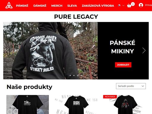 streetwearové oblečení pro muže i ženy od značky pure legacy. mimo jiné i potisk triček a jiného textilu na zakázku.