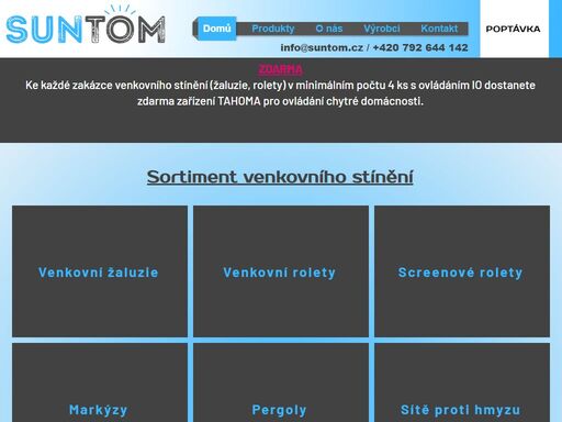 společnost suntom s.r.o. . montáž stínicí techniky na míru. žaluzie, rolety, markýzy, pergoly a sítě proti hmyzu. 