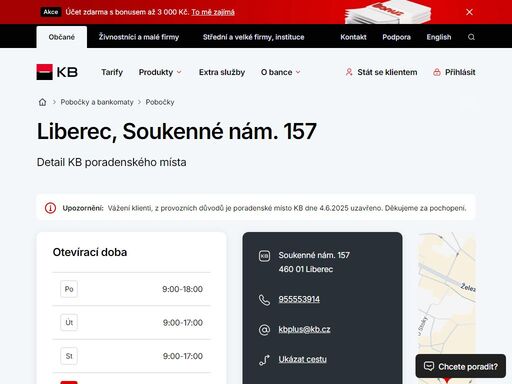 seznam a vyhledávání poboček a bankomatů komerční banky.