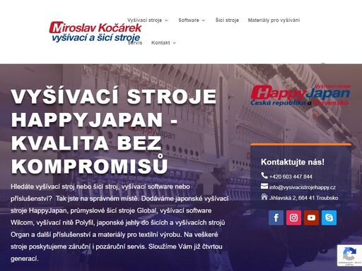 kvalitní japonské průmyslové vyšívací stroje happyjapan, vyšívací software wilcom, vyšívací nitě polyfil, laserové stroje proeltsi, šicí stroje global.