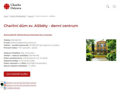 posláním charitního domu sv. alžběty – denního centra je poskytovat podporu, péči a nabídku aktivit osobám se zdravotním omezením (především způsobené demencí nebo parkinsonovou chorobou) v době, kdy o ně nemohou pečovat rodinní příslušníci nebo jiné blízké osoby, a tím prodloužit setrvání v jejich přirozeném domácím prostředí.