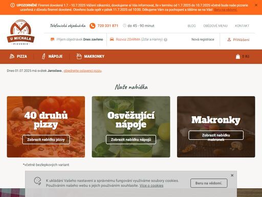         pizzerie u michala - rozvoz pizzy zdarma žďár nad sázavou a hamry nad sázavou a okolí. denně pro vás připravujeme čerstvé suroviny a přísady, které pochází z kvalitní a prověřené distribuce.
