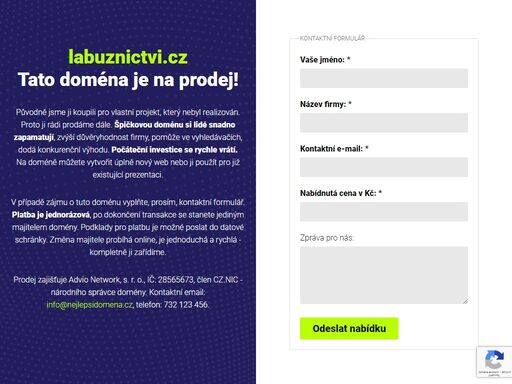 labuznictvi.cz ? tato doména je na prodej. se špičkovou doménou snadno vybudujete úspěšný web. změnu majitele zajistíme online rychle a jednoduše. odpovídáme obratem, napište!